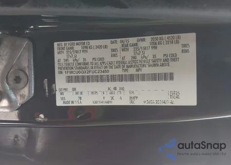 2015 Ford Escape Se из США, поврежденный, VIN 1FMCU0GX2FUC23450